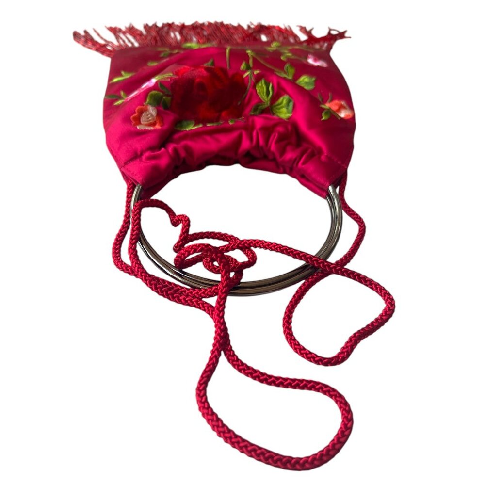 Red embroidered floral bag with red beaded fringe - Picture 4 of 4